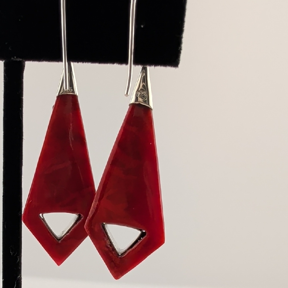 Coral And Sterling Silver Filigree Dangle Drop Earrings - Picture 4 of 6